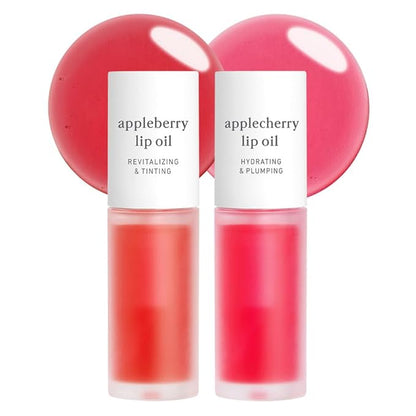 NOONI Korean Hydrating Lip Oil Set - Appleberry & Applecherry | Long-Lasting, Moisturizing, Plumping, Revitalizing for Dry Lips, Waterproof, No Peel Off, 0.12 FL Oz x 2ea