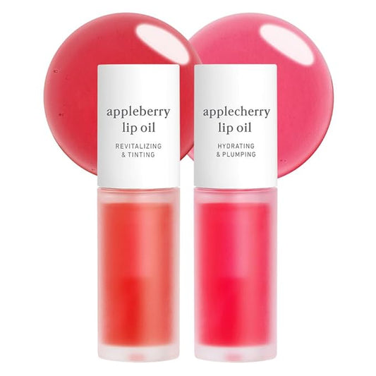 NOONI Korean Hydrating Lip Oil Set - Appleberry & Applecherry | Long-Lasting, Moisturizing, Plumping, Revitalizing for Dry Lips, Waterproof, No Peel Off, 0.12 FL Oz x 2ea
