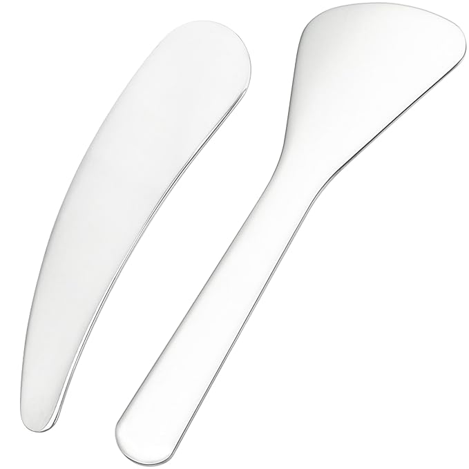 2pcs Mini Metal Makeup Spatula, Reusable Cosmetic Cream Spatulas Spoon, Skincare Scoop Applicator Facial Massage Beauty Tools for Mixing and Sampling Face Eye Cream- Silver