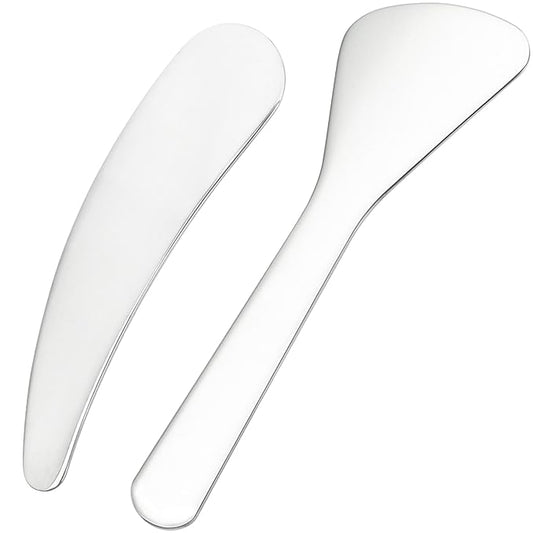 2pcs Mini Metal Makeup Spatula, Reusable Cosmetic Cream Spatulas Spoon, Skincare Scoop Applicator Facial Massage Beauty Tools for Mixing and Sampling Face Eye Cream- Silver