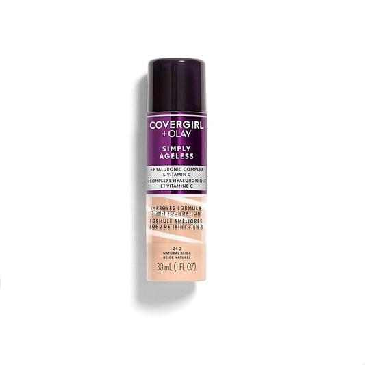 CoverGirl & Olay Simply Ageless 3-in-1 Liquid Foundation, Matte Finish, Hyaluronic & Vitamin C Formula, Natural Beige, 1 Count