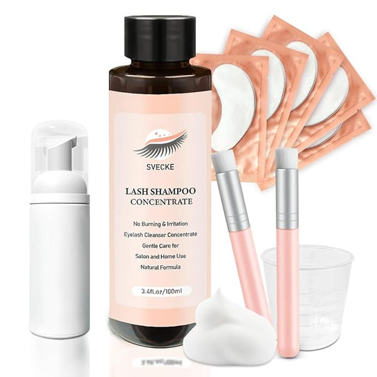 Lash Shampoo Concentrate 100ml for Lash Extension, Lash Shampoo Kit for Eyelash Cleansing, Oil-Free Eyelash Extension Cleanser Concentrate, Lash Cleaning Kit with Brush Bottle
