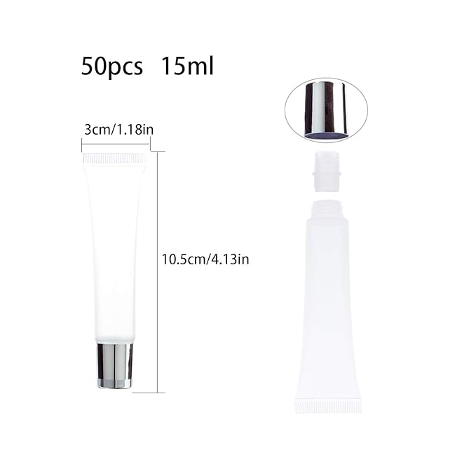 50Pcs 15ml Lip Gloss Squeeze Tubes, Silver Lip Gloss Containers Empty, Refillable Soft Clear Tubes for DIY Lipgloss Balm Cosmetic (Silver)