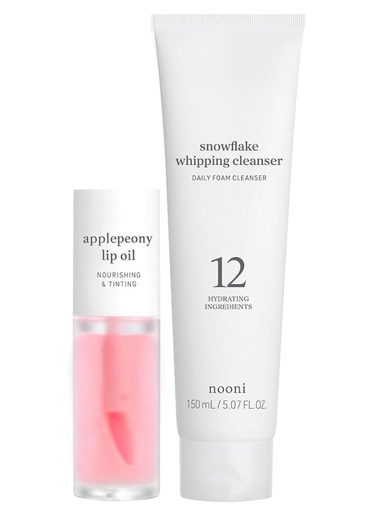 NOONI Korean Vegan Lip Oil - Applepeony 0.12 Fl Oz + Korean Facial Clenaser - Snowflake Whipping Cleanser 5.07 Fl Oz Bundle