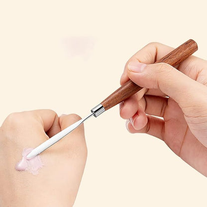 2 Pcs Stainless Steel Makeup Spatulas with Wooden Handle Metal Cosmetic Foundation Spatula Nail Art Mixing Spatula