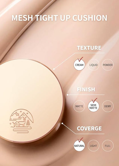 Mesh tight up cushion foundation 02 refill, light/medium beige, Korean compact foundation, natural coverage, glow, sweat proof makeup, long lasting, all skin type