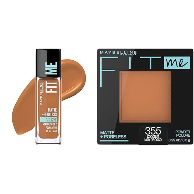 Maybelline Fit Me Matte + Poreless Liquid Foundation Makeup & Pressed Powder Face Makeup, Warm Coconut & Coconut, 1 Count Each