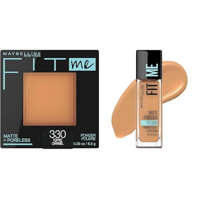 Maybelline Fit Me Matte + Poreless Pressed Powder Makeup & Liquid Foundation Makeup Bundle, Toffee, 1 Count Each