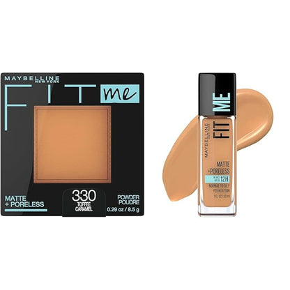 Maybelline Fit Me Matte + Poreless Pressed Powder Makeup & Liquid Foundation Makeup Bundle, Toffee, 1 Count Each
