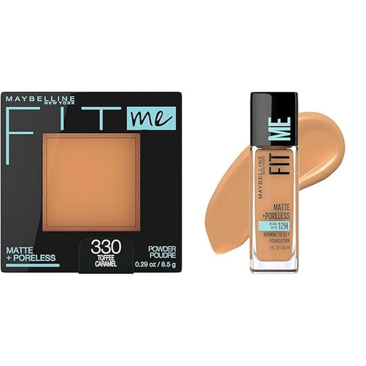 Maybelline Fit Me Matte + Poreless Pressed Powder Makeup & Liquid Foundation Makeup Bundle, Toffee, 1 Count Each