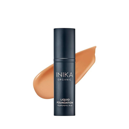 INIKA Organic Full Coverage Liquid Foundation Makeup with Hyaluronic Acid and Argan Oil, Vegan and Organic Foundation for Skin Elasticity and Plumpness, Natural Coverage, Honey, 30ml