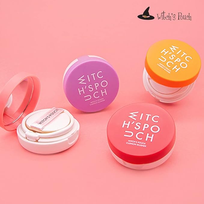Witch's Pouch Blush Cushion Korean Makeup Cheek Toneup Facial Cushion Blusher Cutie Size Moisturizing Color Correction Flawless Coverage Vivid Colors (04 Light Plum)