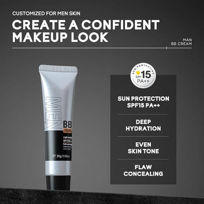 AKARY Hydrating Men BB Cream SPF 15 PA++, Full-Coverage Foundation&Concealer, Mens Face Moisturizer Cream Evens Skin Tone, Oil Control and Cover Flaws, Natural Finish for All Skin Types, Natural 240