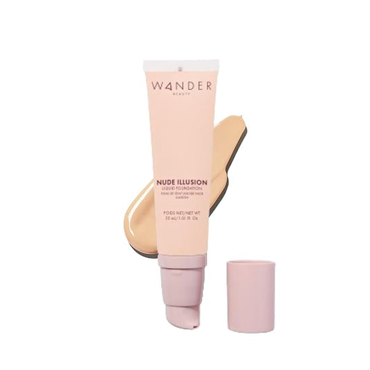 Wander Beauty Nude Illusion Liquid Foundation - Fair Light - Medium to Full Coverage Foundation - Natural Makeup with Vitamin E & Macadamia - Nude Skin Finish Blurs & Conceals - 1.01 fl oz