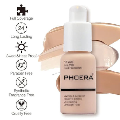 Phoera® Full Coverage Foundation Soft Matte Oil Control Concealer 30ml Flawless Cream Smooth Long Lasting (107 HONEY)