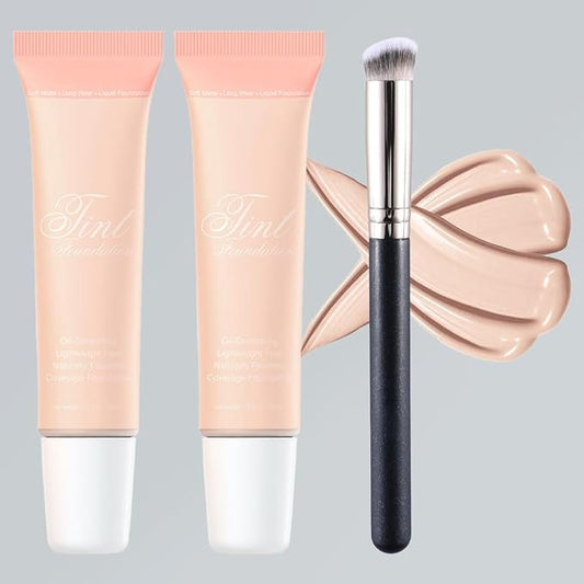 2 Pack Liquid Foundation Cream with Foundation Brush for Face Makeup,Durable Full Coverage Matte Concealer Make Up,Oil Control & Waterproof Base Primer -1 Fl.Oz (#02)