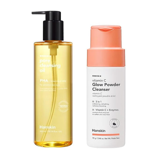 Hanskin Double Cleansing Duo: Pore Cleansing Oil + Vitamin C Glow Powder Cleanser for Radiant, Smooth Skin