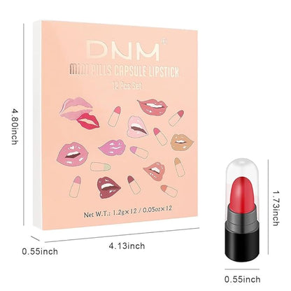 12 Capsule Pills Lipstick Mini Lip Stick Packs Matte Lip Stick Bundles For Women,Dark Sexy Red Brown Nude Mini Matte Lipstick Makeup Lip Liner labiales mate 24 horas originales (Set02, 12pcs set)