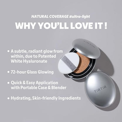 TIRTIR Mask Fit Aura Silver Cushion Foundation | Semi-glow Finish, Natural Coverage, Moisturizing, Lightweight, Korean cushion foundation (#24N Latte, Full Size, 0.63 Fl Oz)