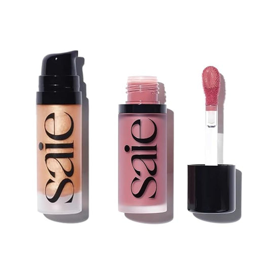 Saie Mini Glowy Super Gel Lightweight llluminator & Makeup Primer - Sunglow (0.5 oz) + Dew Blush - Lightweight Liquid Blush with a Blendable + Buildable Cream Finish - Chilly (.40 oz)