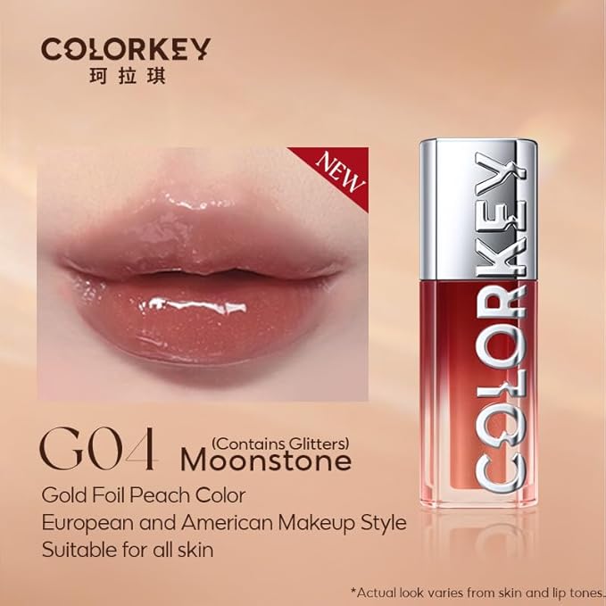 COLORKEY 3D Plump Oil Lip Gloss, High-shine Finish, Lip Tint, Moisturizing, Non-Sticky, Clear and Natural, Glassy Shine (G04 Moonstone(Contains Glitters), 3ml)