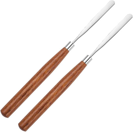 2 Pcs Stainless Steel Makeup Spatulas with Wooden Handle Metal Cosmetic Foundation Spatula Nail Art Mixing Spatula