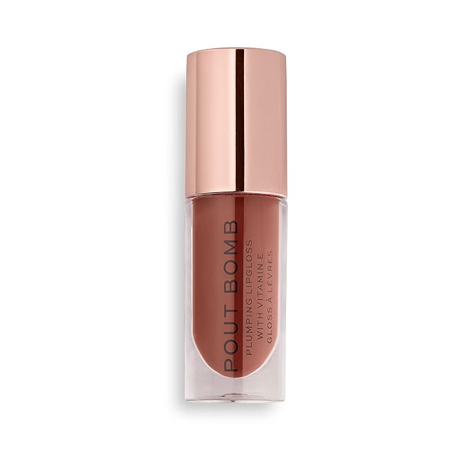 Revolution, Pout Bomb Plumping Lip Gloss, High Shine, Rich Glossy Pigment, Infused with Vitamin E, Cookie Deep Nude, 0.15 fl oz