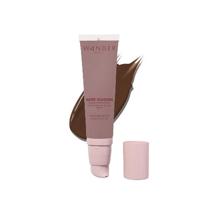 Wander Beauty Nude Illusion Liquid Foundation - Ebony - Medium to Full Coverage Foundation - Natural Makeup with Vitamin E & Macadamia - Nude Skin Finish Blurs & Conceals - Travel-Friendly- 1.01 fl oz