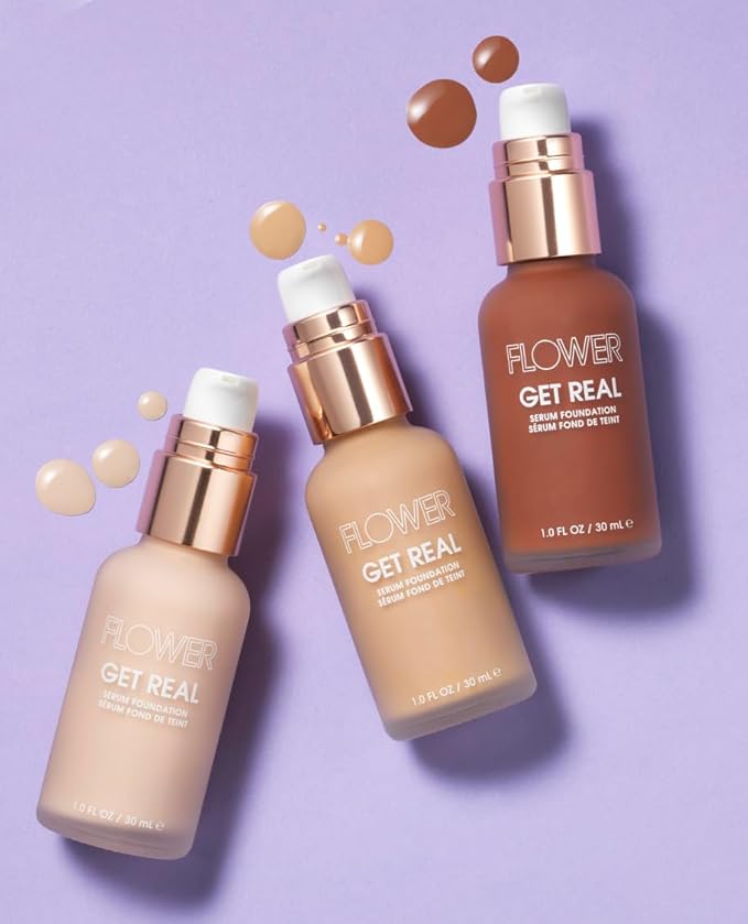 FLOWER BEAUTY By Drew Barrymore Get Real Serum Foundation - Hydrating + Lightweight Formula - Light to Medium + Buildable Coverage (Sable)