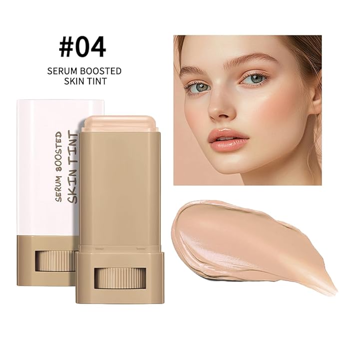 A 3-in-1combining Foundation Stick Beauty Balm Serum Boosted Skin Tint,Solid Tinted Moisturizing Serum Contour Foundation Face for Women,Natural Finish Makeup,Buildable Medium-to-Full Coverage(#04)