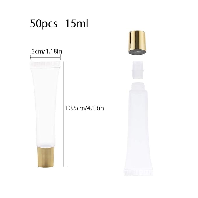 50Pcs 15 ml Lip Gloss Squeeze Tubes, Lip Gloss Containers Empty, Refillable Soft Clear Tubes for DIY Lipgloss Balm Cosmetic (Gold Cap)