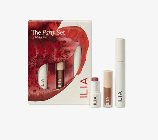 ILIA The Party Set, a limited edition trio with holiday-ready essentials for eyes, cheeks, and lips, including a full-size Limited Lash Mascara