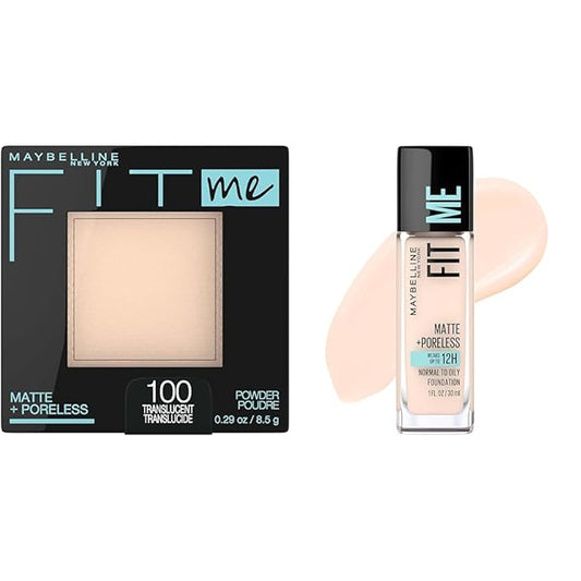 Maybelline Fit Me Matte + Poreless Pressed Powder, Translucent, 1 Count & Liquid Foundation Makeup, Fair Porcelain, 1 Count Bundle