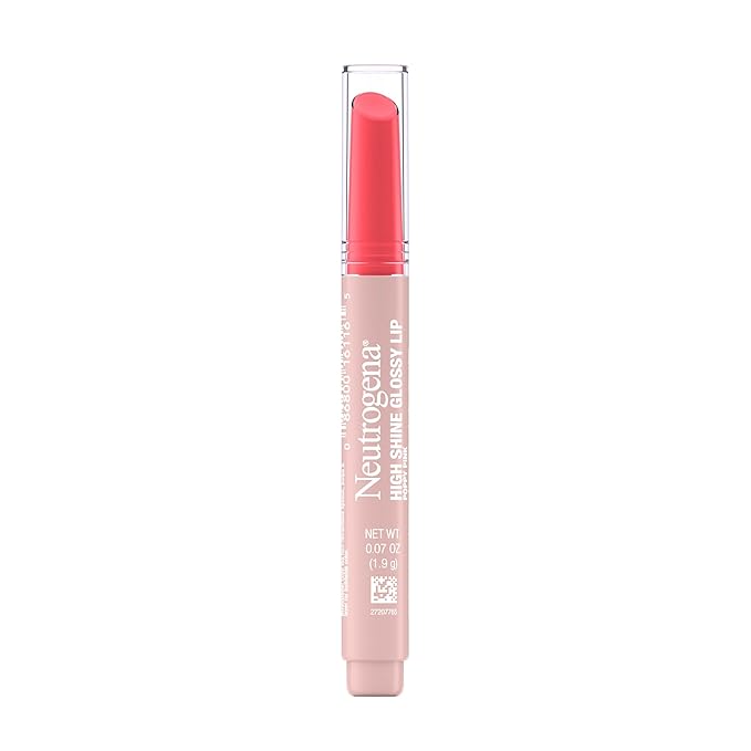 Neutrogena High Shine Glossy Lip with Maracuja Oil + Vitamins & Antioxidant Vitamin E, Nourishing Glossy Lip, Non-Retractable, Pigmented For Buildable Color, Poppy Pink, 0.07 oz