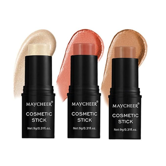 LAMUSELAND Cream Contour Stick Makeup Set, 3 Shades Face Blush Bronzer Contour Pen, Waterproof Long-lasting Matte Highlighter Stick for Fair Dark Skin (A, 3)