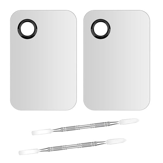 Makeup Mixing Palette Spatula Set, 2PCS Mini Metal Makeup Palette & 2PCS Skincare Spatula, Cream Foundation Palette for Mixing and Save Cosmetics (A)