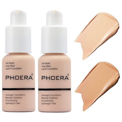 2 Pack PHOERA Foundation,Flawless Soft Matte 24 HR Oil Control Concealer Makeup,Full Coverage Foundation for Women and Girls (102 Nude+104 Buff Beige)