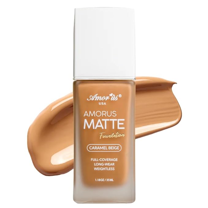 Beauty Amorus Matte Foundation, Full Coverage, Creamy Smooth Made in Korea, K-Beauty, Even Buildable Texture, Patch Free, Easy to Blend, Long Lasting, All Skin Types (Caramel Beige, 1.18 oz)