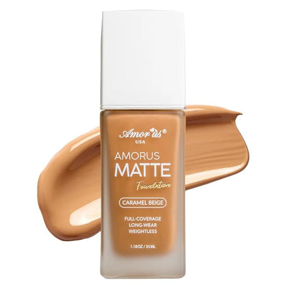 Beauty Amorus Matte Foundation, Full Coverage, Creamy Smooth Made in Korea, K-Beauty, Even Buildable Texture, Patch Free, Easy to Blend, Long Lasting, All Skin Types (Caramel Beige, 1.18 oz)