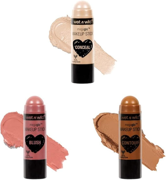Wet n Wild MegaGlo Makeup Stick Conceal and Contour Neutral Follow Your Bisque & Stick Conceal and Contour Blush Pink Floral Majority & Stick Conceal and Contour Brown Call Me Maple