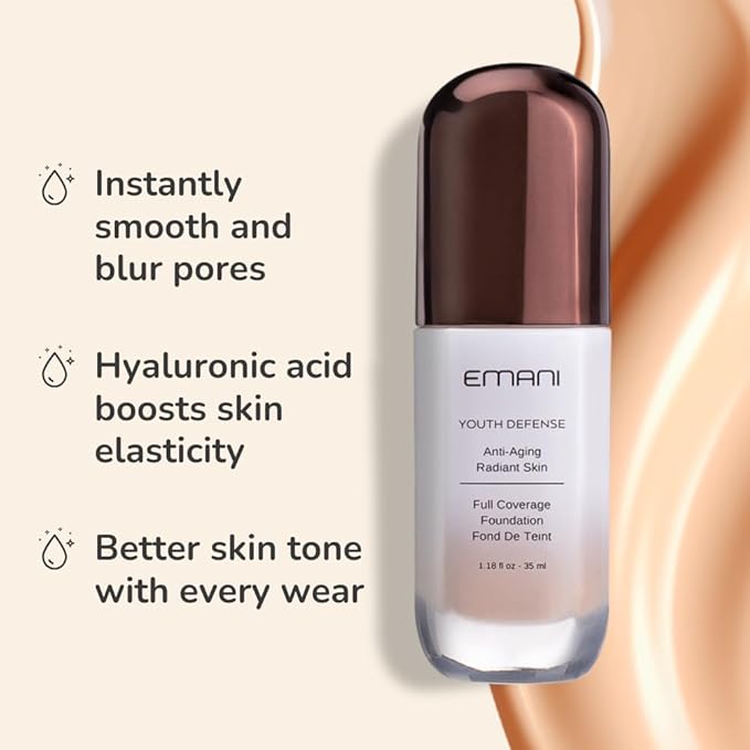 Emani Youth Defense Foundation with Hyaluronic Acid - Anti-Aging, Full Coverage - Protects Face and Brightens Skin Discoloration, Medium