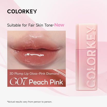COLORKEY 3D Plump Oil Lip Gloss, High-shine Finish, Lip Tint, Moisturizing, Non-Sticky, Clear and Natural, Glassy Shine (G07 Peach Pink, 3ml)