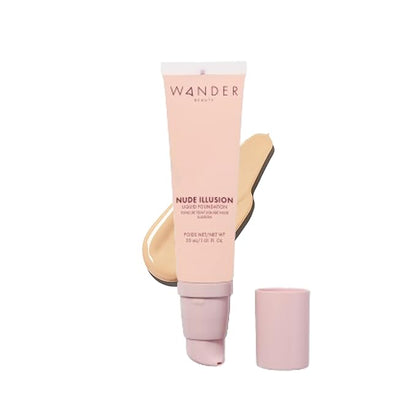 Wander Beauty Nude Illusion Liquid Foundation - Fair - Medium to Full Coverage Foundation - Natural Makeup with Vitamin E & Macadamia - Nude Skin Finish Blurs & Conceals - Travel-Friendly - 1.01 fl oz