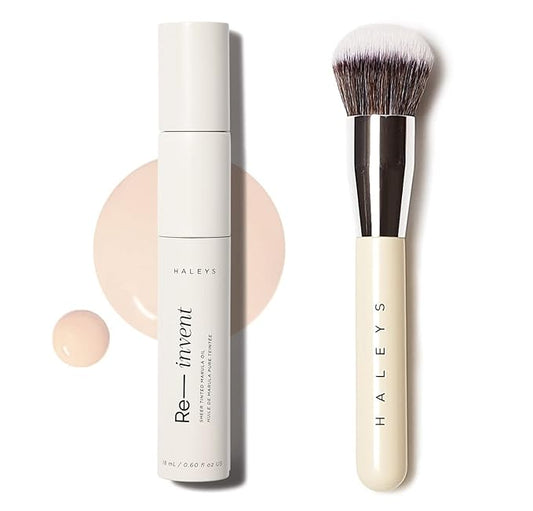 HALEYS Skin Tint Set (Fair Cool): Re-invent Sheer Tinted Marula Oil, Skin Tint, Tinted BB Moisturizer, Face Oil, Hydrating Glowing Skin, Brilliant Kabuki Brush, Streak-free Blending, Buff, Blurs