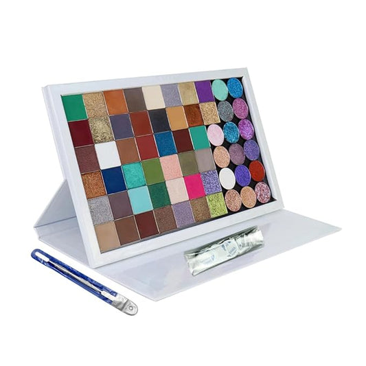 strong portable ipad style standable large empty magnetic organizer palette+1pcs Makeup Depotting Spatula+50pcs Round Metal Stickers+50pcs Square Metal Stickers, big white holographic cardboard