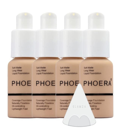 Phoera Foundation Full Coverage Makeup Set - 24hr Long Lasting Oil Control - Soft Smooth Matte Flawless Concealer Cream - Inc x4 30ml Foundation & Silicone Blender Sponge (104 Buff Beige)