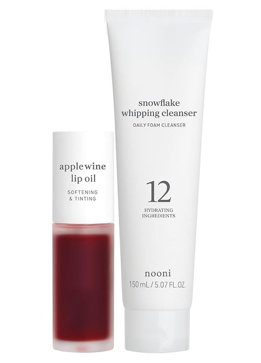 NOONI Korean Vegan Lip Oil - Applewine 0.12 Fl. Oz. (Deep Red) + Korean Facial Clenaser - Snowflake Whipping Cleanser 5.07 Fl Oz Bundle