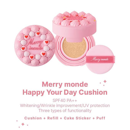 Happy Your Day Cushion, SPF40 PA++, Full Coverage, Pore Blurring, Hydrating Makeup, Korean Cushion Foundation with – Includes Puff & Refill (02 Vanilla, 1 Count)
