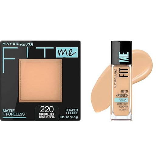 Maybelline Fit Me Matte + Poreless Pressed Powder, Liquid Foundation, Natural Beige, 1 Count Each