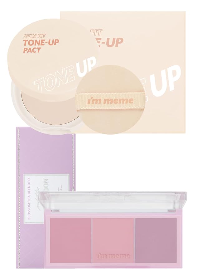 I'M MEME Fair-Light Setting Powder - Tone Up Pact with Puff, 0.35 Oz + Palette - Afternoon Tea Blusher Blossom Tea Blended, 0.4 Oz Bundle